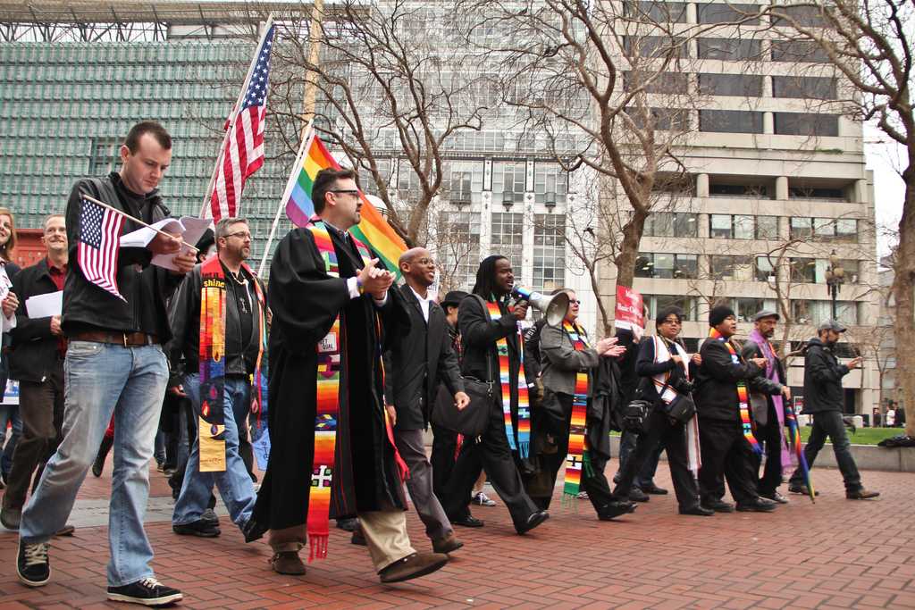 Prop. 8 opponents march from the front of the Ninth U.S. Circuit Court of Appeals to City Hall on Tuesday in San Francisco. The court ruled that the same-sex marriage ban violates the Constitution. Feb. 7, 2012. Photo by Andrew Lopez