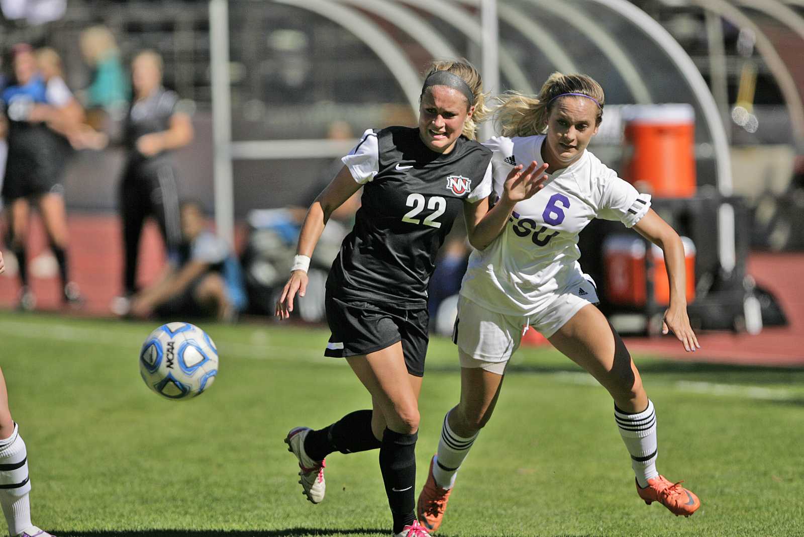 Autumn Fox, right, tries to gain control of the ball from Katie Butler during a game featuring the SF State Gators vs the Northwest Nazarene University Crusaders at Cox Stadium on Sept. 5. The Gators were able to secure a victory one minute into the first overtime, with the final score being 1-0. Photo by John Ornelas / Xpress